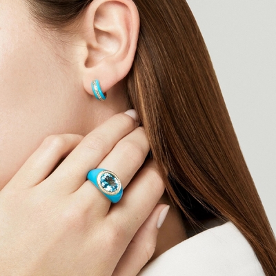 Micro Insert 18K Placado em Ouro Topaz Azul Esmalte Moda Anéis de Brass Feminino