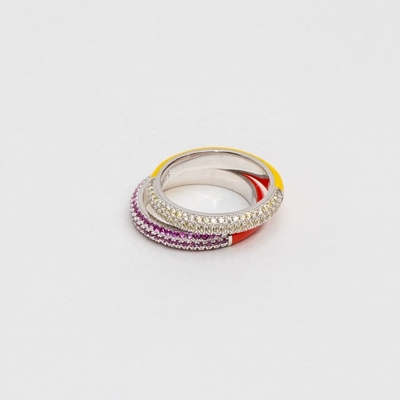 Elegante 925 Sterling Silver 18k Amarelo Ouro Metade Zircon Metade Anel Esmaltado