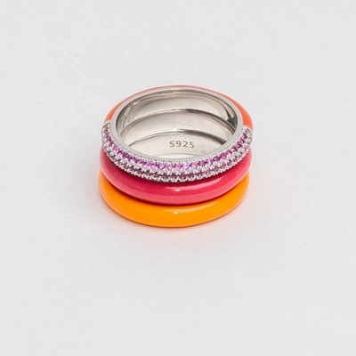 Elegante 925 Sterling Silver 18k Amarelo Ouro Metade Zircon Metade Anel Esmaltado