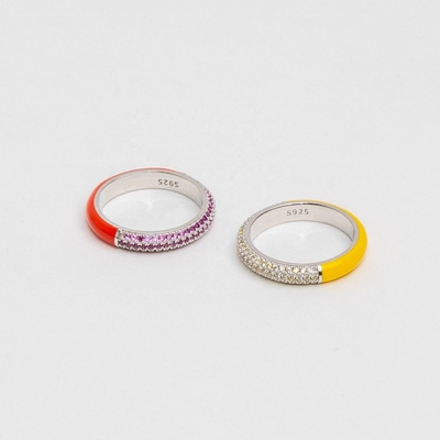 Elegante 925 Sterling Silver 18k Amarelo Ouro Metade Zircon Metade Anel Esmaltado