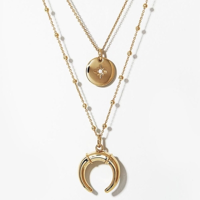 Colar de ouro espumante em camadas de 45 cm de zircônio de moeda de chifre de pendente de colar