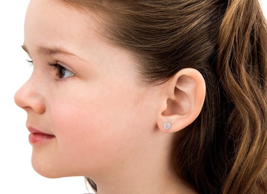 Brincos de pressão infantis em prata esterlina 925 com coração rosa e branco com zircônias cúbicas e cravação pavê para joias finas