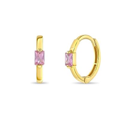 Brincos de argola infantis com banho de ouro 14K, zircônia cúbica rosa corte baguete de 10mm, com MOQ de 50 pares