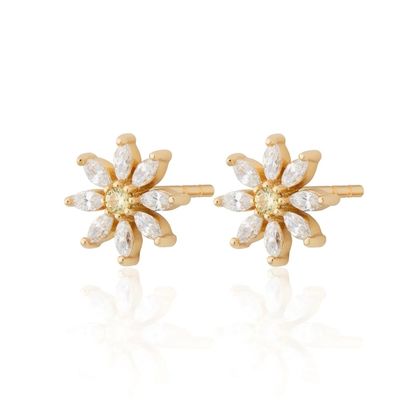 925 Sterling Silver 18K Gold Plated Flower Design Stud Earrings com Marquise Cut e Claw Setting