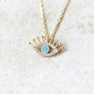 925 Sterling Silver Micro Pave Clear CZ e Turquesa Malos Olhos Pendente Colar Colar