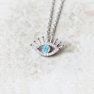 925 Sterling Silver Micro Pave Clear CZ e Turquesa Malos Olhos Pendente Colar Colar