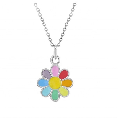 925 Sterling Silver Rainbow Enamel Daisy Pendant Necklaces para Crianças e Meninas