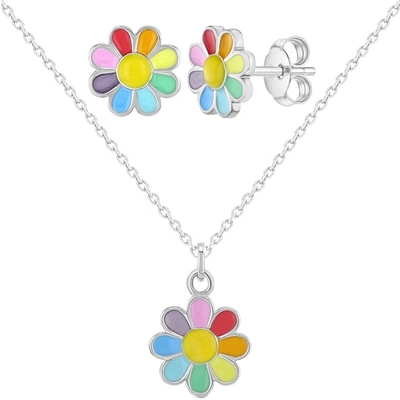 925 Sterling Silver Rainbow Enamel Daisy Pendant Necklaces para Crianças e Meninas
