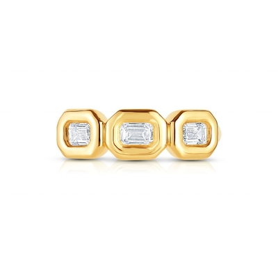 Anel de prata tripla de esmeralda feito à mão com pedra de zircão AAA e moldura de bisel de ouro de 14K