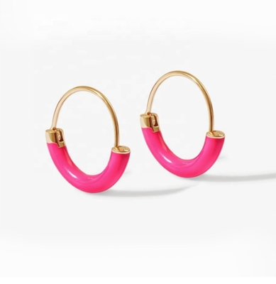 925 brincos de prata esterlina 18mm Dia Hoops com esmalte rosa quente e 18K ouro