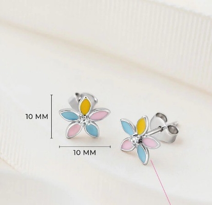 Brincos de estribo de flores de esmalte amarelo multicolor 925 esterlinho de prata