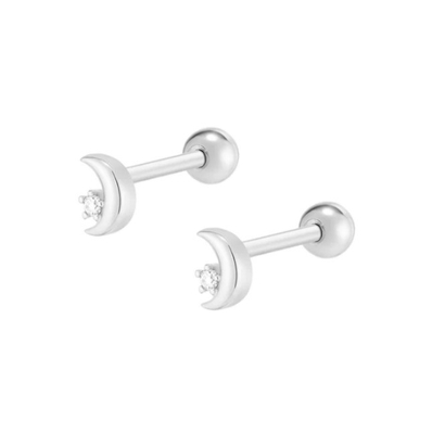 925 Sterling Silver Tiny CZ Moon Piercing Stud Earring com fecho de volta de parafuso de bola