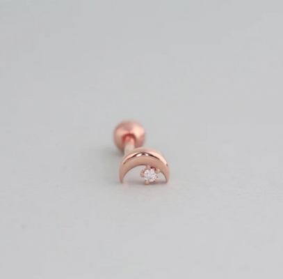 925 Sterling Silver Tiny CZ Moon Piercing Stud Earring com fecho de volta de parafuso de bola