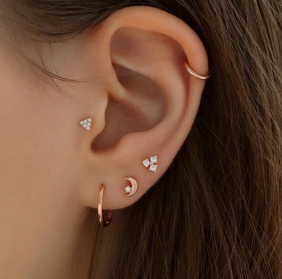 925 Sterling Silver Tiny CZ Moon Piercing Stud Earring com fecho de volta de parafuso de bola