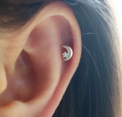 925 Sterling Silver Tiny CZ Moon Piercing Stud Earring com fecho de volta de parafuso de bola