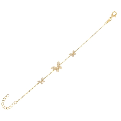 14K ouro Triple Butterfly Chain Bracelet Claros CZ Prata Chain Bracelet 925