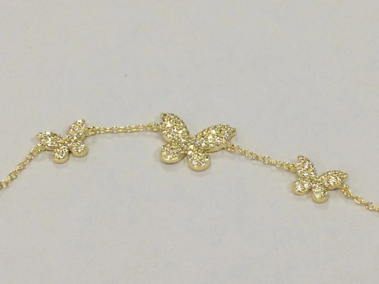 14K ouro Triple Butterfly Chain Bracelet Claros CZ Prata Chain Bracelet 925