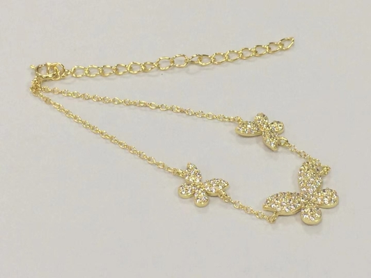 14K ouro Triple Butterfly Chain Bracelet Claros CZ Prata Chain Bracelet 925