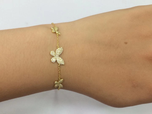 14K ouro Triple Butterfly Chain Bracelet Claros CZ Prata Chain Bracelet 925