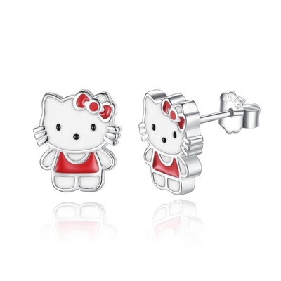 Kitty Childrens Brilhantes de Prata Branco Vermelho Preto Esmalte de jóias em 925 Prata