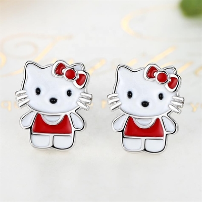 Kitty Childrens Brilhantes de Prata Branco Vermelho Preto Esmalte de jóias em 925 Prata