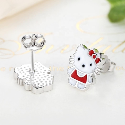 Kitty Childrens Brilhantes de Prata Branco Vermelho Preto Esmalte de jóias em 925 Prata