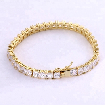 Unisex 18K de ouro feito à mão Hip Hop Quadrado corte de gelo Diamante CZ 925 Sterling Prata empilhamento pulseira de tênis