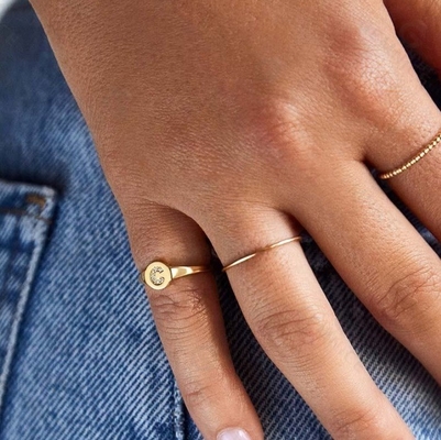 Customizable Letter Initial Signet Ring 18K Gold Plated 925 Silver CZ Classic Design