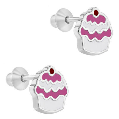 Cupcake Rosa Esmaltado 925 Sterling Prata parafusos para trás crianças brincos Joias