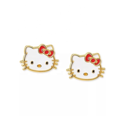 18K ouro revestido Hello Kitty Enamel Stud brincos para meninas em 925 Sterling Silver