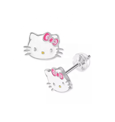 18K ouro revestido Hello Kitty Enamel Stud brincos para meninas em 925 Sterling Silver
