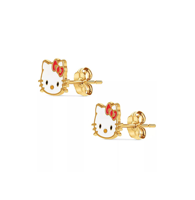 18K ouro revestido Hello Kitty Enamel Stud brincos para meninas em 925 Sterling Silver