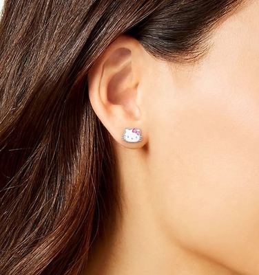 18K ouro revestido Hello Kitty Enamel Stud brincos para meninas em 925 Sterling Silver