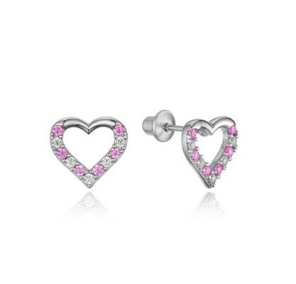 Micro Insert Heart Pink Screw Back Earrings para crianças em 925 Sterling Silver