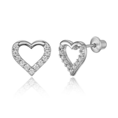 Micro Insert Heart Pink Screw Back Earrings para crianças em 925 Sterling Silver