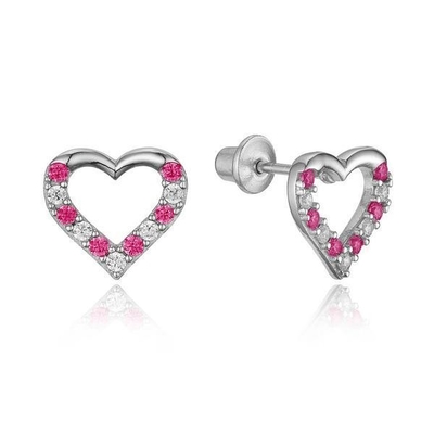 Micro Insert Heart Pink Screw Back Earrings para crianças em 925 Sterling Silver