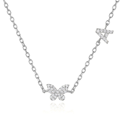 Colarinho Mini 18K Ouro Branco Micron Pave CZ Butterfly 925 Sterling Silver Pendant