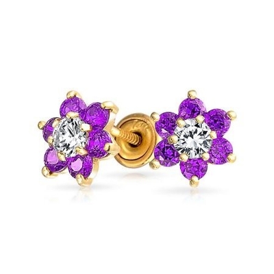Flor Ametista CZ Pedra de nascimento Meninas 925 Sterling Prata parafusos para trás brincos
