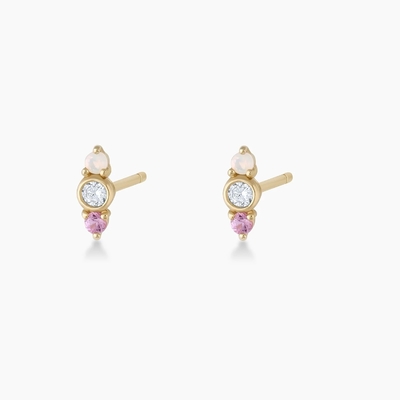 Ópal branco e safira cor-de-rosa brincos CZ Stud três pedras cubas Zirconia Studs