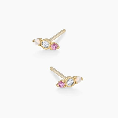 Ópal branco e safira cor-de-rosa brincos CZ Stud três pedras cubas Zirconia Studs
