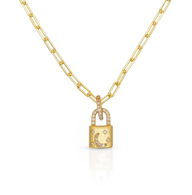 18K Gold Medalhão Pendente Pave Branco CZ Link Chain Necklace Para Engagement