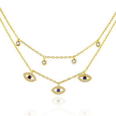 Double Layer Evil Eye Bezel Set Colar de Diamante Mulheres Bezel Set Pendentes