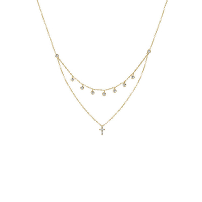 Conjunto de duas camadas de bisel Pendente de Cruz de Diamante Rodíum Prateado de Ouro Colar de Cadeia