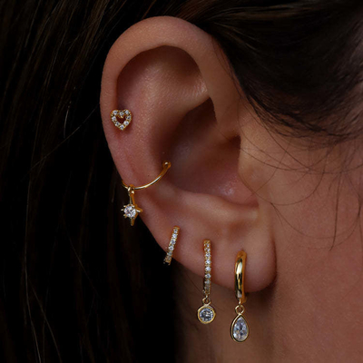 S925 Prateado 18K Mini Huggies Single Bezel Stone Hoops Brincos para Mulheres