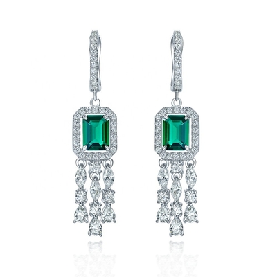 Real Sterling Silver 925 Green Baguette CZ Diamond Long Hoop Earrings para Usar Unisex