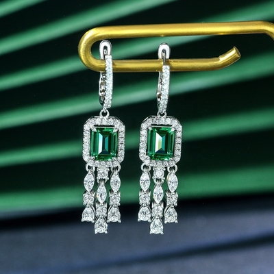 Real Sterling Silver 925 Green Baguette CZ Diamond Long Hoop Earrings para Usar Unisex