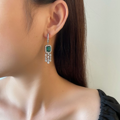 Real Sterling Silver 925 Green Baguette CZ Diamond Long Hoop Earrings para Usar Unisex