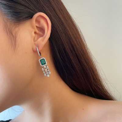 Real Sterling Silver 925 Green Baguette CZ Diamond Long Hoop Earrings para Usar Unisex