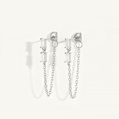 Vendas Baguete Cubico Zircon Threader Stud Brinco Joias 925 Sterling Silver para Mulheres