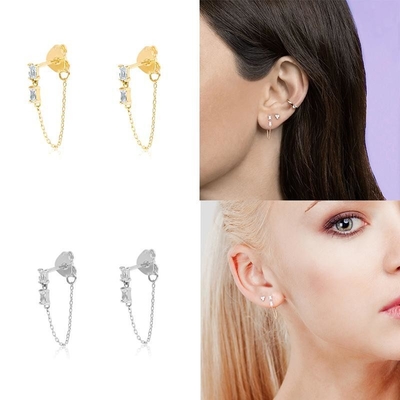 Vendas Baguete Cubico Zircon Threader Stud Brinco Joias 925 Sterling Silver para Mulheres